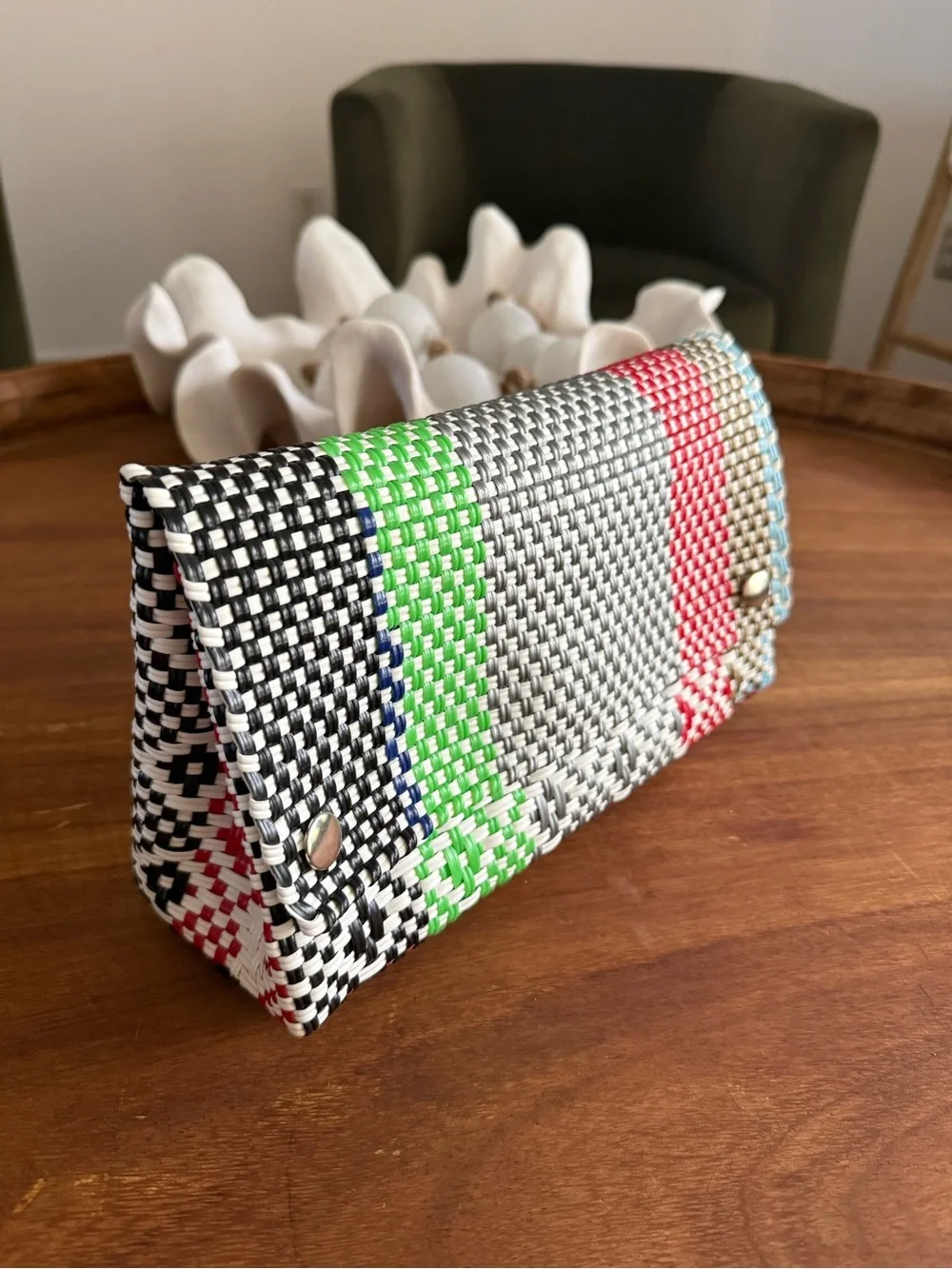 Woven Multicolor Clutch - Black, Green, Gray, Red, Blue